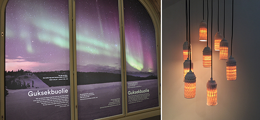 Till vänster norrsken på samiska, till höger Hanieh Heidarabis eleganta designlampor.