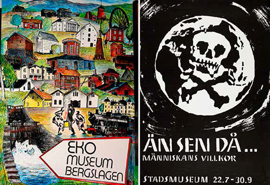 Till vänster: Affisch 1987. Utformning Örjan Hamrin/Dalarnas museums fototarkiv.
Till höger: Affisch 1969. Utställningen producerades av Chalmersstudenter. Stockholms stadsmuseums arkiv.
