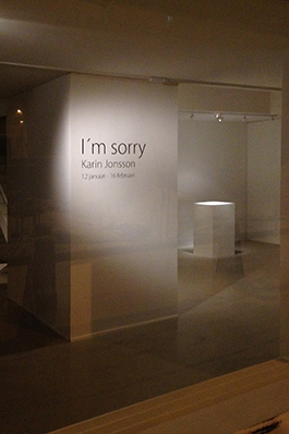 "I'm sorry!", Centralgalleriet Gävle 2013. Utställningen gestaltade att konstnären Karin Jonsson inte hade råd att genomföra en planerad utställning. De bidrag hon sökt hade inte beviljats. Efter en dialog skapade hon tillsammans med galleristen ett tomt rum med en stängd dörr, genom vilken ljudet av hennes gråt hördes."
Foto: Johan Ågren