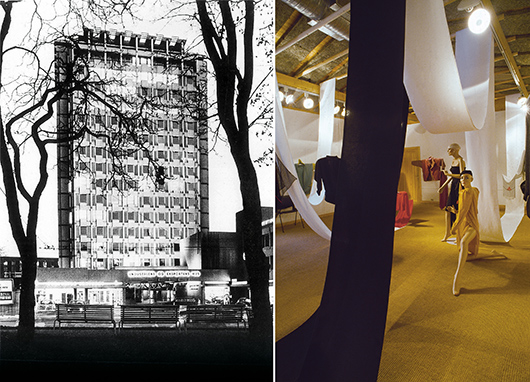 Till vänster Norsk Designcentrum, NDC, som låg i Industriens og eksportens hus i Oslo och var landets första center för design. Till höger utställningen Klær i kontraster på LNB:s Galleri Vognremissen år 1986.
Foto: Brynjulv Aartun
