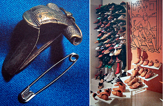 Till vänster gör den moderna säkerhetsnålen alla förklaringar onödiga. Till höger fungerar de moderna skorna som en klargörande jämförelse med medeltidens skodon i trappan.