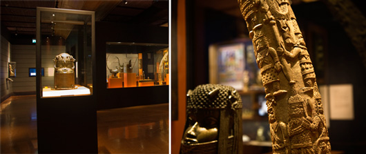 Bild till vänster: Minneshuvud över död kung.
Bild till höger: På de kungliga minnesaltarna placerades skulpterade elfenben med berättelser i kungarikets historia. Man kan studera motiven i detalj på en bildskärm inne i montern.