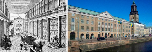 Ostindiska huset igår och idag. Till vänster en interiör ur ett reportage i Ny Illustrerad Tidning 1865, till höger exteriören i vår tid.