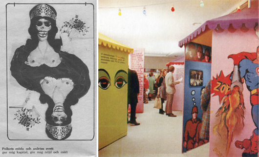 I Riksutställningars lika systemkritiska som skandalomsusade utställning Sköna stund 1967 samarbetade journalister, musiker, författare och en rad bildkonstnärer under ledning av initiativtagaren konstnären Ulf Lauthers. Foto: Riksutställningar