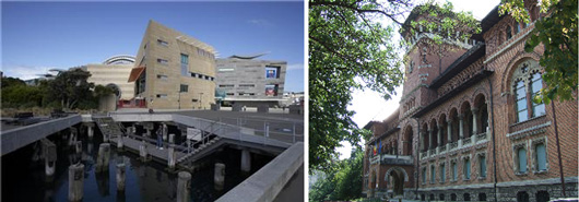 Förnyelse av utställningsmediet kan ske bakom såväl nya som gamla fasader. Nationalmuseet i Wellington, TePapa, och Bondekulturmuseet i Bukarest.