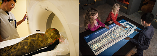 Den gamla mumien har genomgått en röntgenundersökning vilket har resulterat i visualiseringsbordet Mummyexplorer. Foto till vänster: Karl Zetterström, Världskulturmuseerna.
