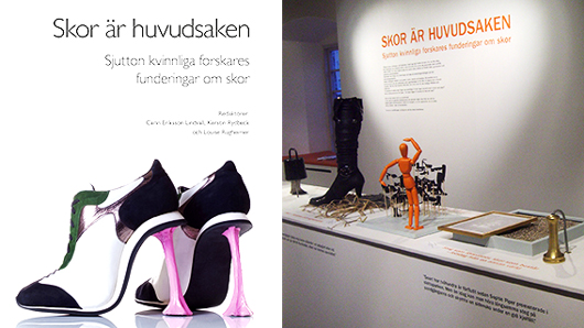 Till vänster: beskuren omslagsbild till en samling essäer om skor. Till höger: foto Marit Jonsson