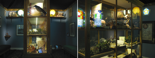 Fredrik Söderbergs installation på Historiska museet är en interiör från den excentriske samlarens rum med blyinfattade fönster, akvareller, uppstoppade djur, skelettdelar och mycket annat. 
Foto: Fredrik Söderberg