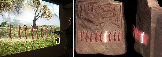 Framför en stor projektion kan besökaren delta i en bronsåldersprocession ackompanjerad av musik så som man tror att det kan ha låtit för omkring 3 000 år sedan.