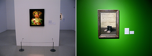 Verk av två mästare, Arcimboldo till vänster och Magritte till höger.