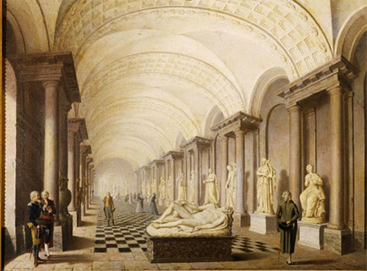 Musernas galleri i Kongl. Museum, Stockholms slott, 1796. Interiörbild med skulpturen Endymion i förgrunden. Bild: Pehr Hilleström d.ä.