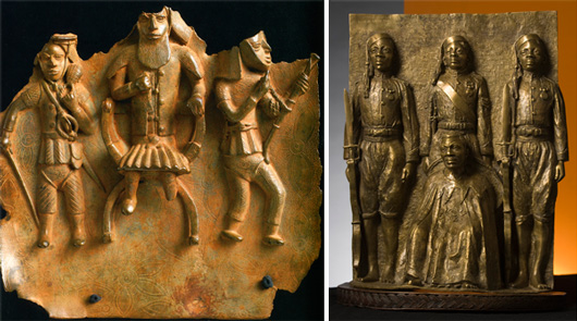 Bild till vänster: Relieftavla med tre européer, förmodligen portugisiska köpmän.
Bild till höger: Etnografiska museet har för utställningen låtit en nutida mästergjutare i Benin tillverka en bronsrelief efter fotografiet med den fängslade kungen.